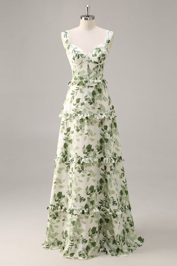 Green Flower Corset A Line Bridesmaid Dress with Ruffles